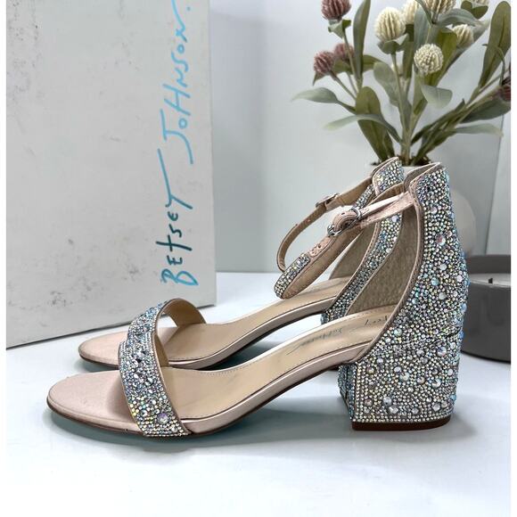 Betsey Johnson SB-Mari Block Heel Sandal Rhinestone Champagne Women 7.5W TriedOn - Picture 1 of 11